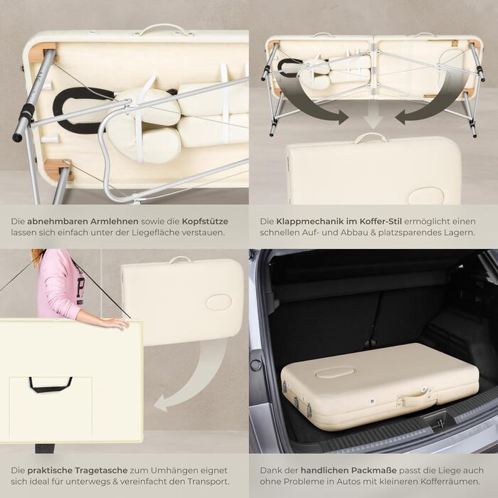 Масажний стіл Tectake 3 зони, складаний, з регулюванням висоти, з аксесуарами (підголовник, підлокітники, сумка) - бежевий