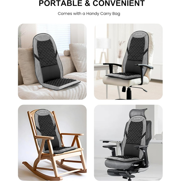 Масажний килимок Comfier з підігрівом та регульованою поперековою підтримкою, вібруючий масажний сидіння, масажер спини для зняття втоми спини, подарунок для жінок, чорно-сірий