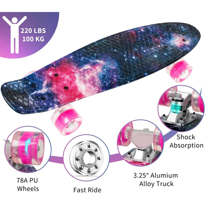 Скейтборд BELEEV 22 дюйми Galaxy Purple з LED колесами та T-інструментом для початківців (для дітей, підлітків, дорослих)