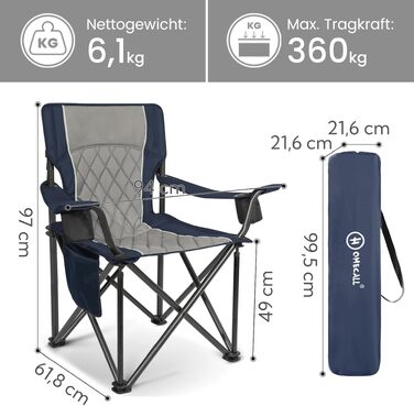 Складане крісло для кемпінгу Homecall XXL до 360 кг, посилене крісло з високою спинкою та м'якою оббивкою для риболовлі, саду та відпочинку на природі (Синій, 2 шт.)
