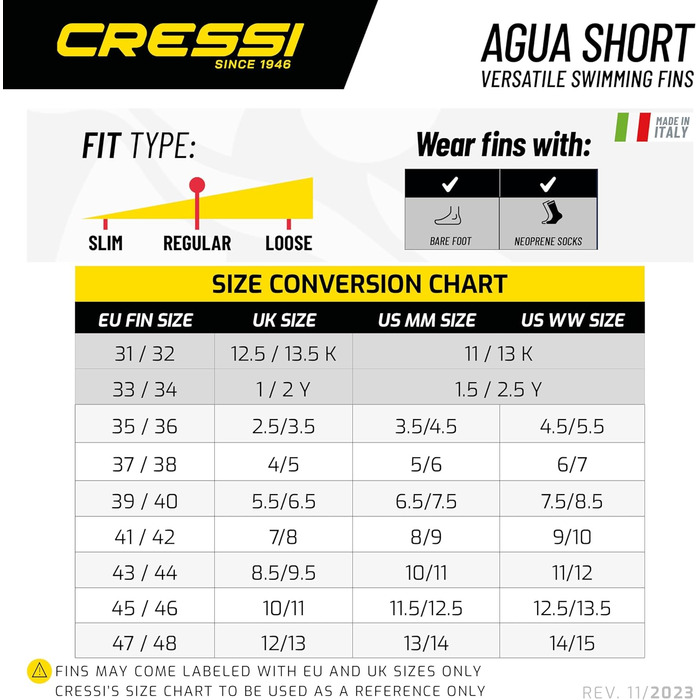 Ласти Cressi Agua Short короткі для снорклінгу та плавання, розмір 45/46, сині