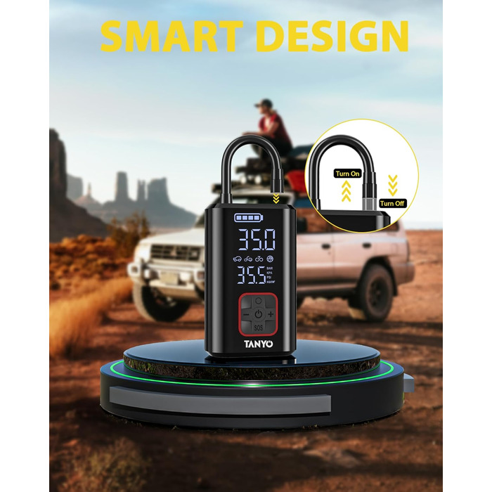 Електричний акумуляторний компресор TANYO 150PSI для авто, велосипедів, мотоциклів і м'ячів, з цифровим манометром і LED підсвічуванням, портативний насос 12В