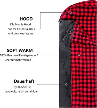 Спальний мішок для дорослих Schlafsack Srwachsene Outdoor Ultraleicht – пуховий, легкий, для кемпінгу, трекінгу та походів (L, чорно-червоний)