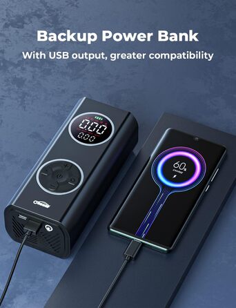 Електричний повітряний компресор Oasser 12В 150PSI, акумулятор 6000 мА·год, USB Type-C, LCD-дисплей, для авто, мотоциклів, велосипедів, м'ячів