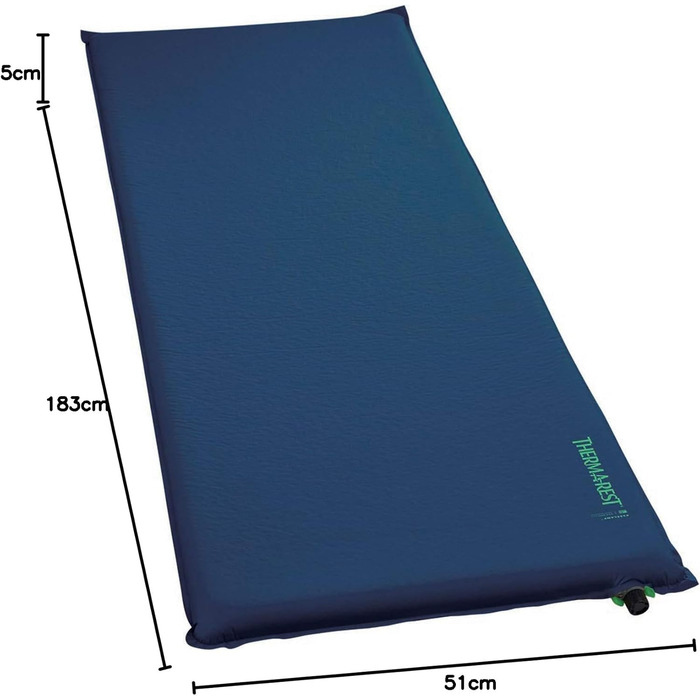 Килимок для кемпінгу Therm-a-Rest Basecamp з самонадуваним шаром, WingLock-вентиль, розмір Regular (50,8 x 183,9 см, 20 x 72 дюйми), блакитний, з оригінальною сумкою для зберігання