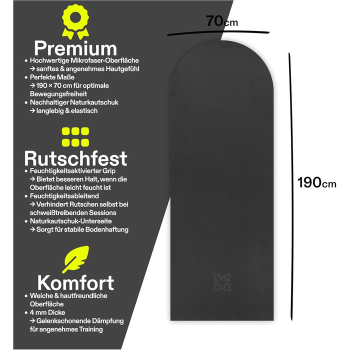 Килимок для йоги та пілатесу OMNANA MYTHOS BLACK 190x70 см, мікрофібра та натуральний каучук, нековзкий, вологопоглинаючий, 4 мм, для фітнесу та гімнастики