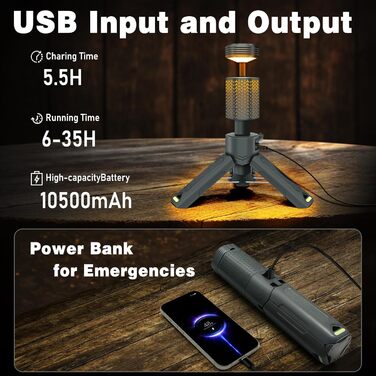 Ліхтар кемпінговий LED IPX7/IPX5, акумуляторний, 10500mAh, до 35 годин, регульована колірна температура, для туризму, риболовлі, екстрених ситуацій