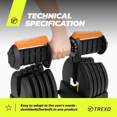 TREXO Регульований набір 2в1: гантелі та штанга 2-41 кг, залізо, ергономічна ручка, для фітнесу та силових тренувань