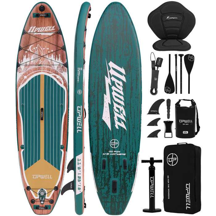 SUP-дошка Upwell 350x89 см, надувна, з сидінням, 2+1, для дорослих та підлітків, Sequoia Green - комплект з рюкзаком, веслом, лішем та помпою