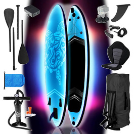 Надувний SUP Board BRAST з LED-підсвіткою | Комплект для станд-ап паддлінгу | 320x81x15 см | 4 дизайни | LED-підсвітка 10 кольорів | 5 років гарантії | 2в1 весло, сидіння для каяка, кріплення для екшн-камери, петля для ніг (Turtle Blue)