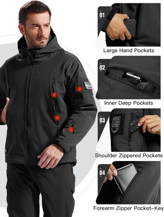 Чоловіча зимова тактична куртка FREE SOLDIER Military Softshell: водонепроникна вітрозахисна куртка з флісовою підкладкою та капюшоном для полювання та outdoor, р. L, темно-чорна