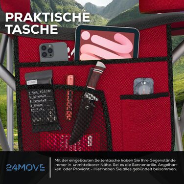Крісло для кемпінгу 24MOVE® складне, 150 кг, з підлокітниками, кишенями та сумкою, для риболовлі, пляжу, відпочинку (Червоне)
