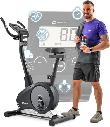 Велотренажер Hop-Sport Spark для дому, 8 рівнів навантаження, 9 кг маховик, пульсометр, комп'ютер, до 120 кг, сріблястий