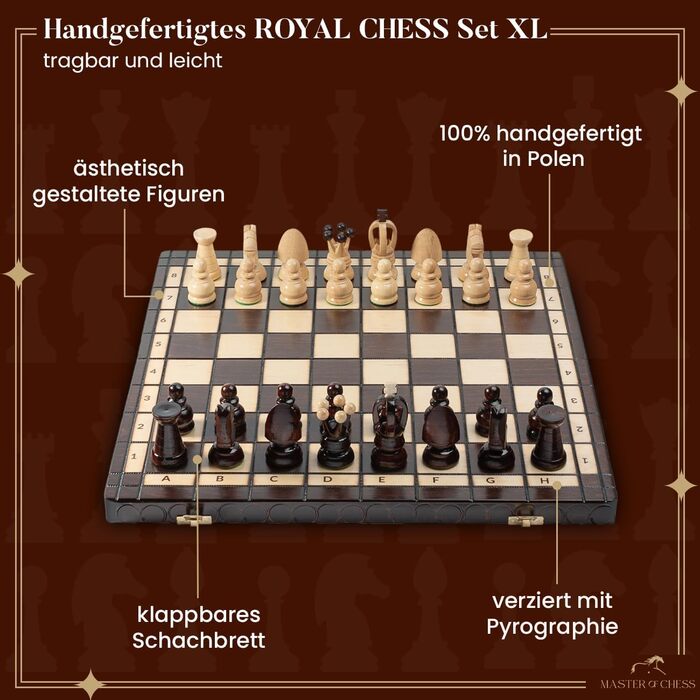 Шахи ROYAL Master з дерева 44 см — ручна робота, великий шаховий набір з фігурами для дорослих і дітей, високоякісна дерев'яна дошка