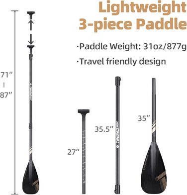 Весло для SUP та каяка THURSO SURF Carbon Hybrid, 3-частинне, карбоновий стрижень, конвертоване, регульоване 180-220 см, легке, плаваюче