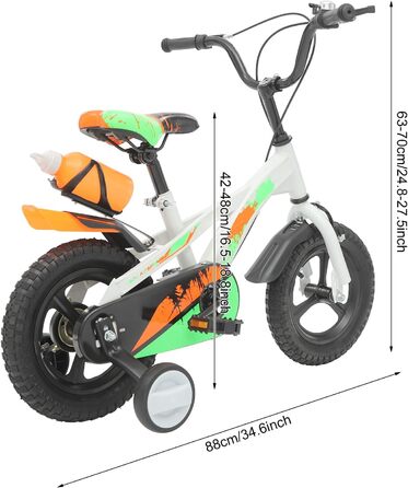 Дитячий велосипед 12 дюймів з підставками та пляшкою для води, регульований по висоті, для дітей 2-5 років, білий