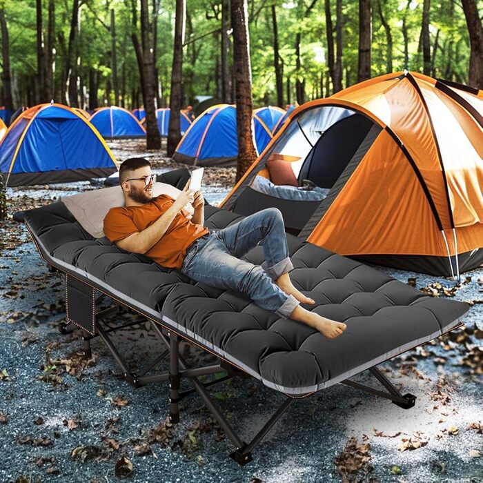 Розкладне ліжко ZIKEBTUY з матрацом, 200 кг, для кемпінгу та відпочинку, 190x71x36 см, з сумкою, сірий/чорний XL