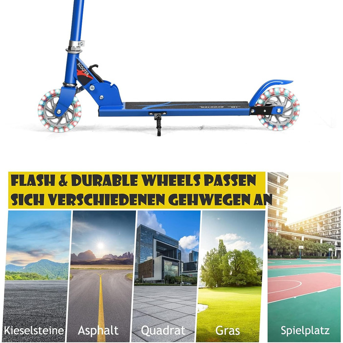 Дитячий ролер GOPLUS Roller Kinder 4 роки з LED-колесами, гальмом на задньому колесі та підніжкою, регульований по висоті, легкий алюмінієвий, складної конструкції, до 70 кг, блакитний