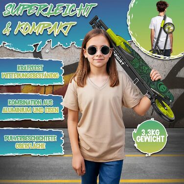 Дитячий та дорослий трюковий самокат Cityroller з дзвіночком та ременем | Висота регулюється, складається, до 100 кг | Великі колеса, чорний/зелений