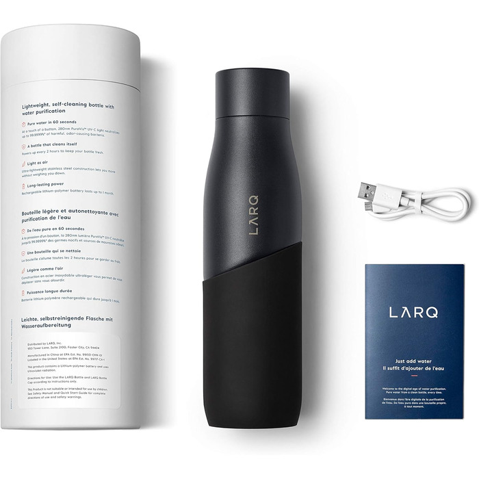Пляшка для води LARQ Movement PureVis 950 мл, легка, неізольована, з нержавіючої сталі, з УФ-очищенням, багаторазова, для подорожей, чорна