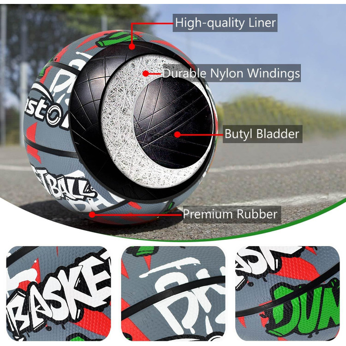 Баскетбольний м'яч Senston, розмір 7, з насосом, для вулиці, антиковзаюча поверхня, відмінне зчеплення (Сірий/Червоний)