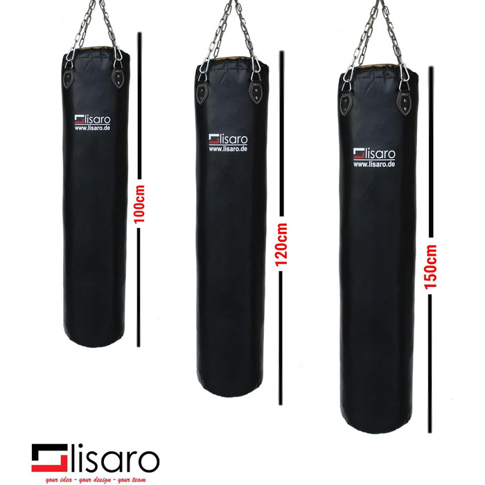 Боксерський мішок Lisaro Profi 150x35 см, штучна шкіра, порожній, для всіх видів спорту, з 4-точковим сталевим ланцюгом, студійна якість