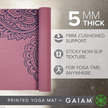 Йога мат Gaiam Premium 5 мм - неслизька тренувальна фітнес-мат для йоги, пілатесу та фітнесу (172.7 x 61 x 5 мм, Paisley Tropical)