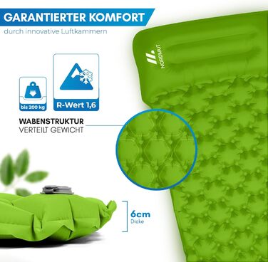 NORDMUT® Килимок туристичний самонадувний 6 см - Ultraleicht, компактний, для кемпінгу, відпочинку на природі та фестивалів, світло-зелений