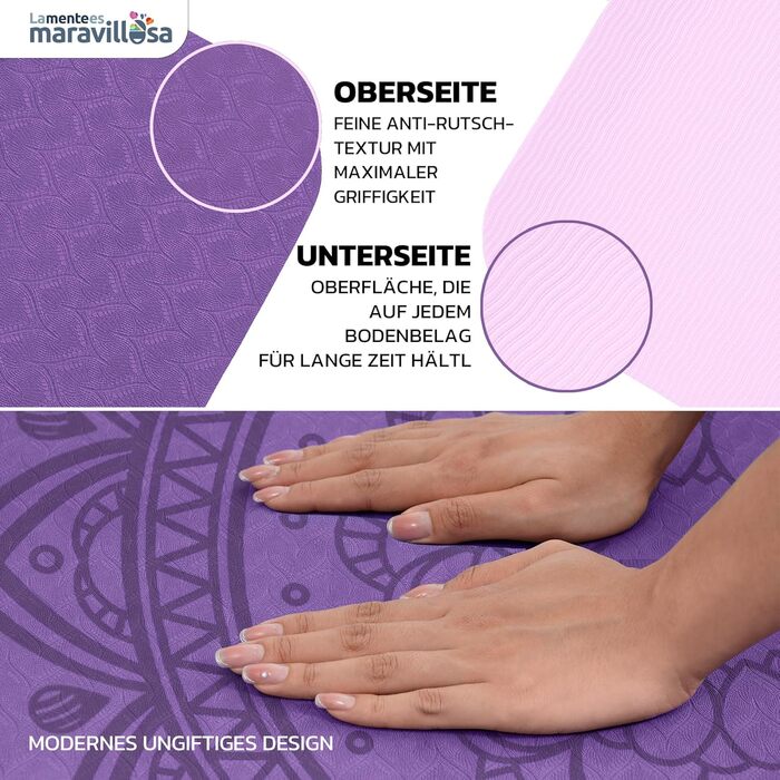 Килимок для гімнастики та йоги LA MENTE ES MARAVILLOSA з TPE, 183x61 см. Зручний для фітнесу, пілатесу, з сумкою та інструкцією. Захищає суглоби, для занять в приміщенні та на вулиці. Мандала, ліловий + рожевий