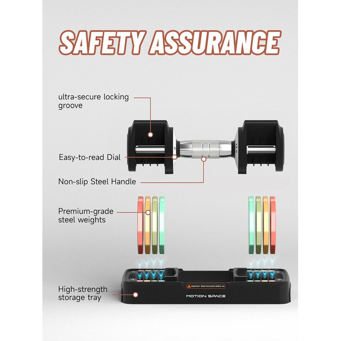 Регульований набір гантелей Motion Space, 5.7-10.2 кг, для дому, компактний, з підставкою, 5 ваг в 1 сек, кольоровий (Райдуга)