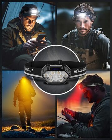 LED налобний ліхтар налобний ліхтар, перезаряжається, 9 LED, 1500mAh, кут нахилу 45°, 4 режими світла з датчиком руху, червоне світло, водонепроникний IPX4, для бігу вночі, піших прогулянок, кемпінгу, риболовлі, чорний