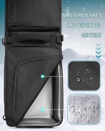 Чохол для сноуборду YOREPEK на колесах, водонепроникний, з кишенями для черевиків, розширюваний, 170 см, для 2 пар лиж/сноуборду, чорний