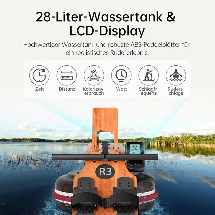 Гребний тренажер JASPORT R3 з дуба, Bluetooth LCD-дисплей, сумісний з Kinomap, 28 л, до 150 кг, ергономічне сидіння, регульований тримач для планшета