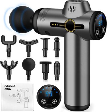 Міні-масажер AQXONG: портативний електричний масажний пістолет з LCD-дисплеєм, 99 швидкостей, 8 насадок, тиха робота 35dB, акумуляторний