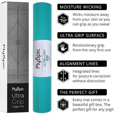 Йога-мат Plyopic Ultra-Grip Pro+ з розміткою, антиковзкий, комфортний, стійкий до поту, для йоги, пілатесу, бікрам та хот-йоги