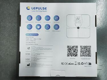 Розумна вага Lepulse F4 Pro, біла, з аналізом жиру та м’язової маси, 15 індикаторів, перезаряджається, великий дисплей