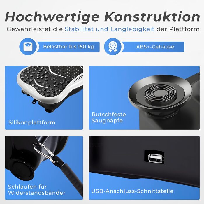 Вібраційна платформа JUPPLIES з 5 режимами тренувань та 5 еластичними стрічками - тренажер для дому, для нарощування м'язів та спалювання жиру, тиха та неслизька з Bluetooth та пультом дистанційного керування