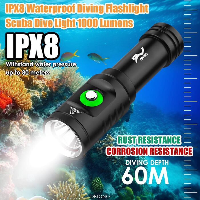 Ліхтар налобний DRIONO 1000 люмен, водонепроникний IPX8 (60м), алюміній, з акумулятором та зарядним пристроєм