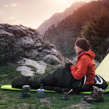 Спальний мішок Outtec з капюшоном, мумієподібний, ультралегкий, компактний, для кемпінгу, дітей та дорослих, для активного відпочинку, чорний