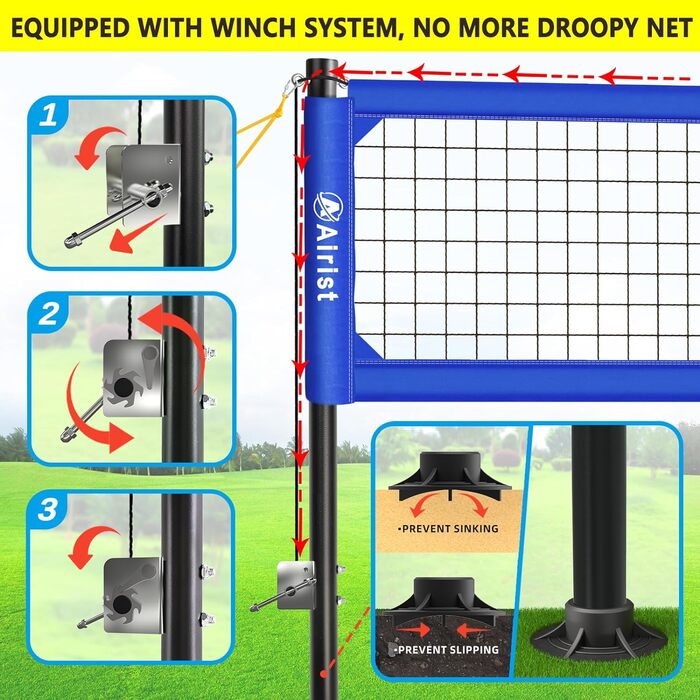 Волейбольна сітка Airist Heavy Duty для вулиці з системою проти провисання, регульовані алюмінієві стійки, професійний волейбольний комплект для двору та пляжу, сумка для перенесення (Блакитний)