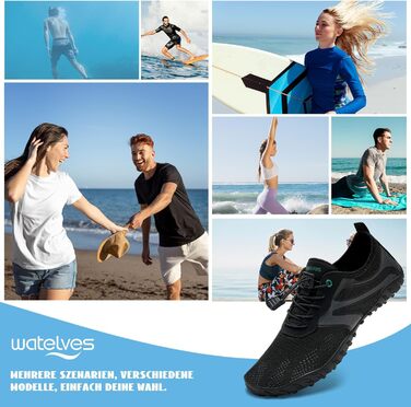 Водні черевики WateLves: для плавання, серфінгу та відпочинку на пляжі. Швидка сушка, розміри 36-48 EU, чорний колір