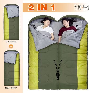 Спальний мішок Outdoor для дорослих, машинного прання, зимовий, водонепроникний, 3-4 сезони, з компресійним мішком, для кемпінгу, походів, подорожей, 0°C-Комфорт, Чорний (Оливковий), 220x85CM-L