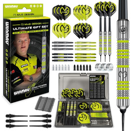 Подарунковий набір дартсу Winmau Michael Van Gerwen MvG, 50 елементів: 4 комплекти стрижнів, 4 комплекти оперень, аксесуари, Softip