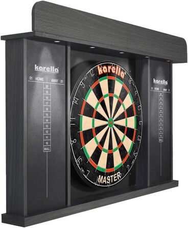 Karella шафа для дартсу Arena з LED підсвіткою, настінним захистом, тримачем для дротиків і кільцем для збору, дерев'яний корпус