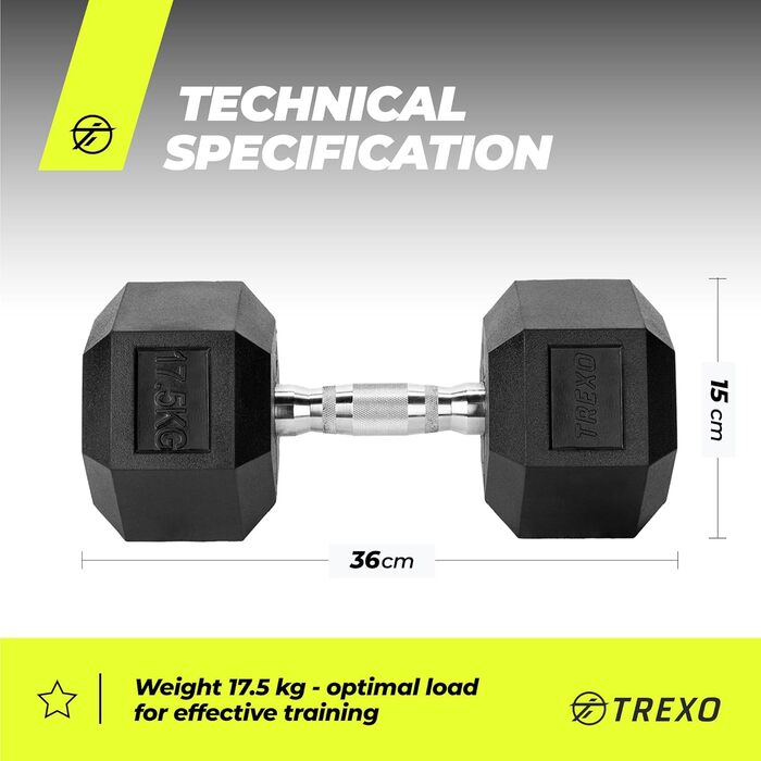 Гантеля TREXO Hex 17,5 кг, гексагональна, гумована, чавунна, для силових тренувань вдома, ергономічна ручка, міцна, універсальна