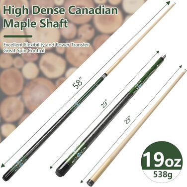 Більярдний кий 18/19/20/21 oz, 58' - професійний кий для більярду з наконечником 13mm, 1/2 кий для ігор 8/9 куль (зелений, 19oz)