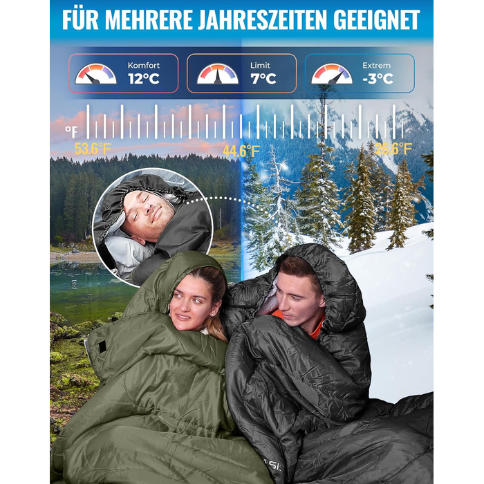 Сплячий мішок KingCamp Oasis для кемпінгу, 3-4 сезони, водовідштовхувальний, легкий, 220x75 см, для дітей та дорослих, з можливістю з'єднання, для подорожей та активного відпочинку