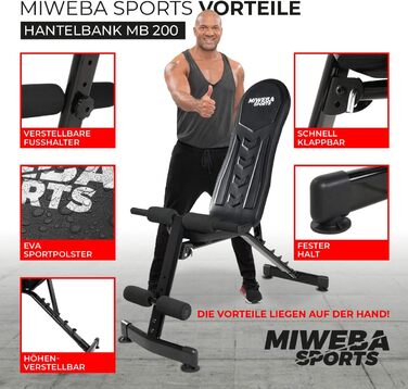Складна фітнес-лава Miweba Sports MB200, 200 кг, регульована спинка, універсальна тренувальна лава для пресу, силових вправ, штанги, похила і пряма, преміум-якість