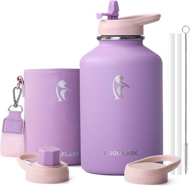 Пляшка для води Coolflask 2 л з нержавіючої сталі з PU-чохлом, з трубочкою, термобутилка для напоїв, зберігає холод 48 годин, тепло 24 години, фіолетова