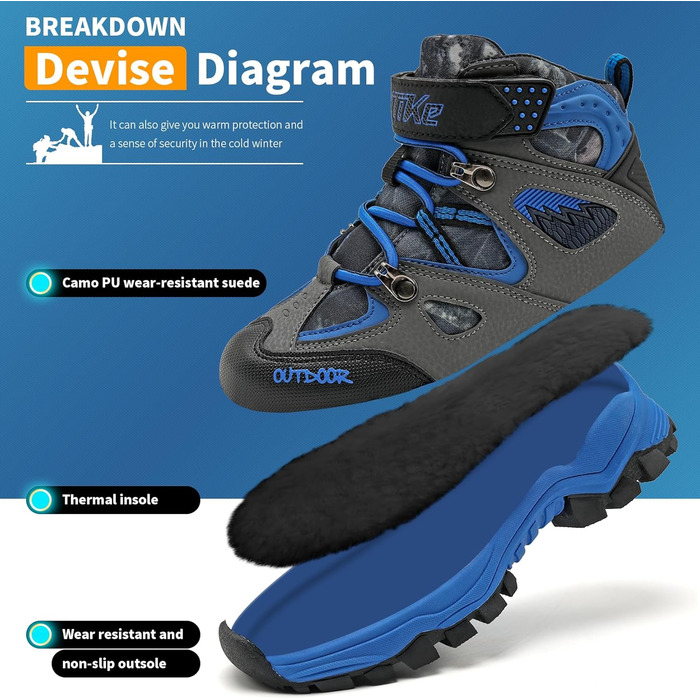 Дитячі зимові черевики ASHION для хлопчиків: середньої висоти, утеплені, для походів та трекінгу, бавовняні, розмір 36 EU, блакитні